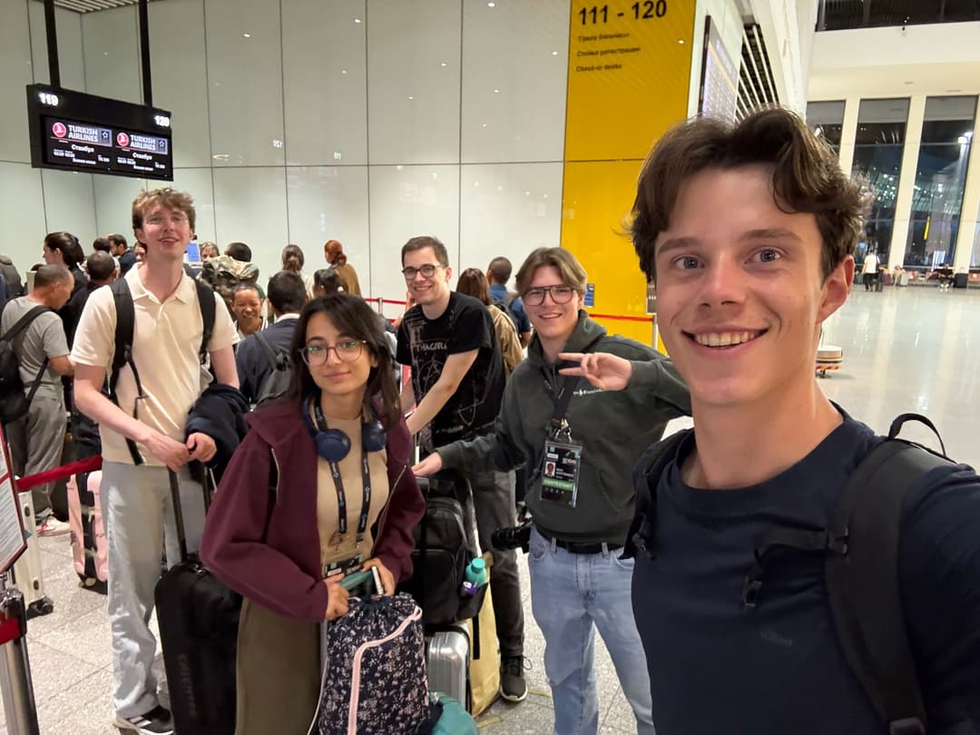 Selfie of Team Germany with their luggage at the Turkish Airlines check-in counters at Astana airport