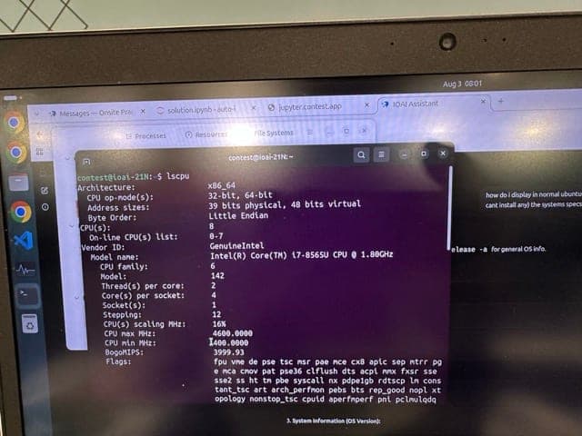 Laptop screen showing terminal output of lscpu with an Intel Core i7-8565U CPU and other hardware specs