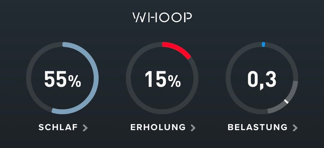 Whoop app screen showing low sleep, recovery and strain scores